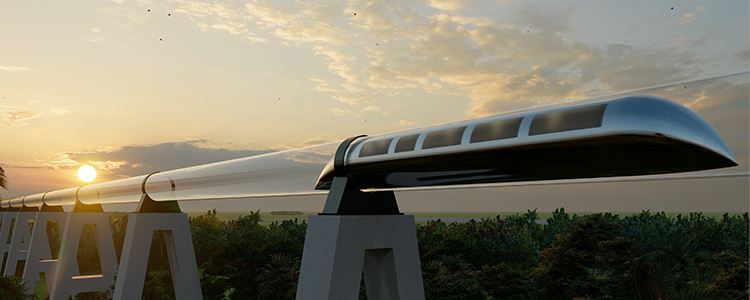 Digital simulering av Hyperloop och svävande fordon över en grön skog.